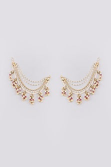 Gold Finish Kundan Polki & Pearl Ear Chain Dangler Earrings