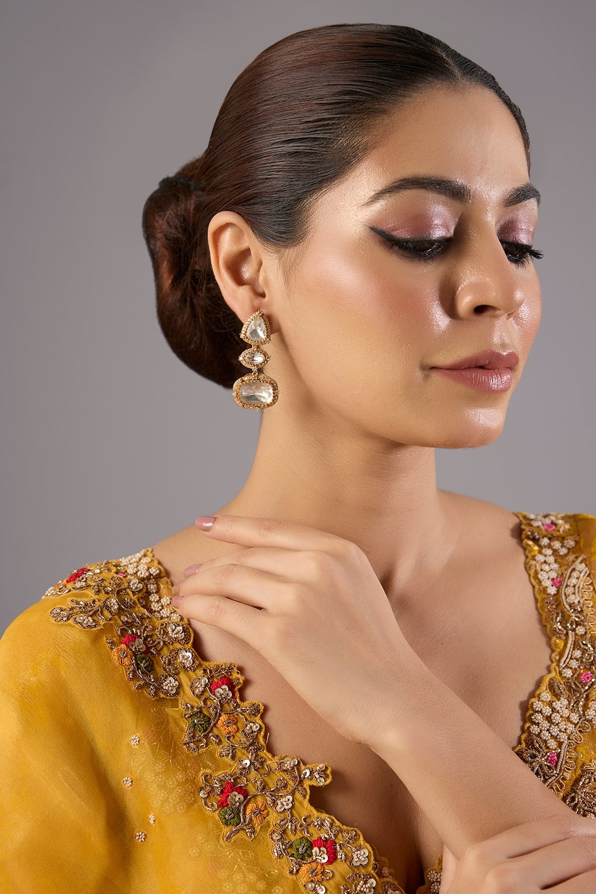 Antique Gold Finish Kundan Polki & Pearl Dangler Earrings