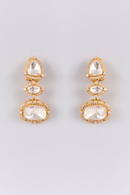 Antique Gold Finish Kundan Polki & Pearl Dangler Earrings