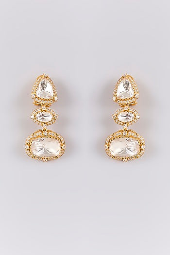 Antique Gold Finish Kundan Polki & Pearl Dangler Earrings