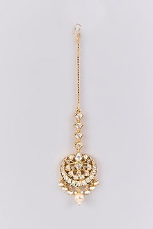Antique Gold Finish Kundan Polki & Pearl Maangtikka