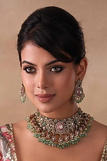 Gold Plated Green Onyx & Pearl Necklace Set
