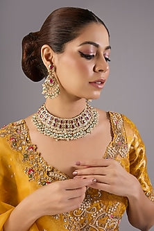 Antique Gold Finish Kundan Polki & Pearl Necklace Set
