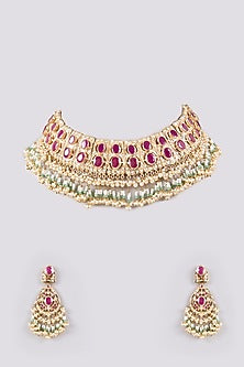 Antique Gold Finish Kundan Polki & Pearl Necklace Set