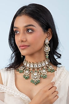 Gold Plated Green Onyx & Pearl Necklace Set