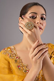 Antique Gold Finish Kundan Polki & Pearl Ring