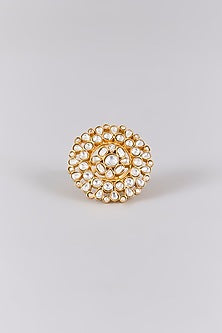 Antique Gold Finish Kundan Polki & Pearl Ring