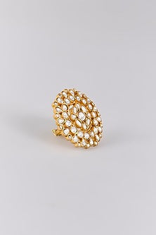 Antique Gold Finish Kundan Polki & Pearl Ring
