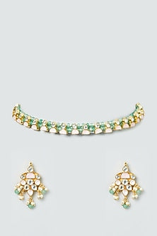 Gold Finish Green Kundan Necklace Set