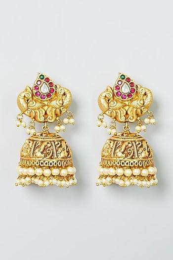 Gold Finish Temple Jhumka Earrings