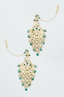 Gold Finish Earrings With Green Stones