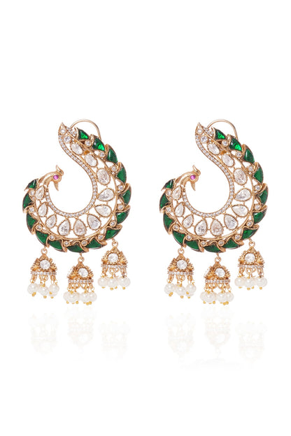 Gold Plated Pearl & Green Stone Stud Earrings