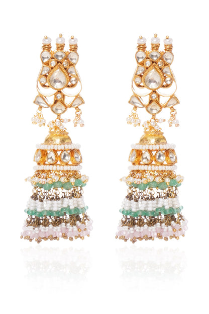 Gold Plated Green Onyx & Pearl Jhumka Earrings