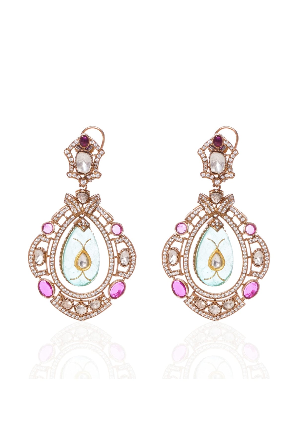 Gold Plated Red & Green Dangler Earrings