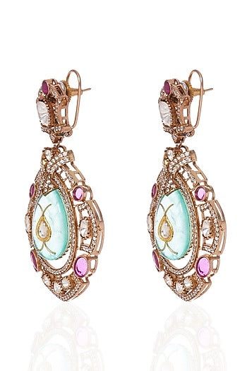 Gold Plated Red & Green Dangler Earrings