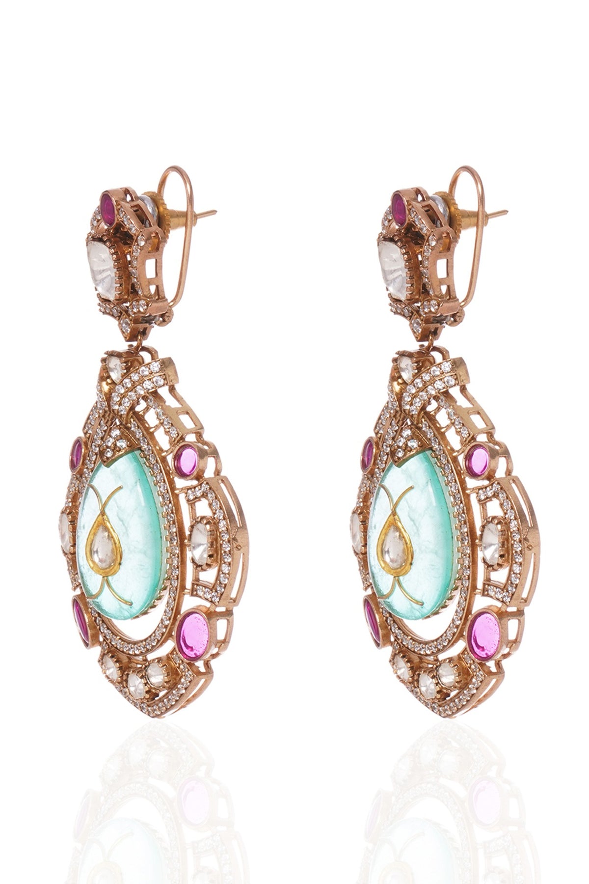 Gold Plated Red & Green Dangler Earrings
