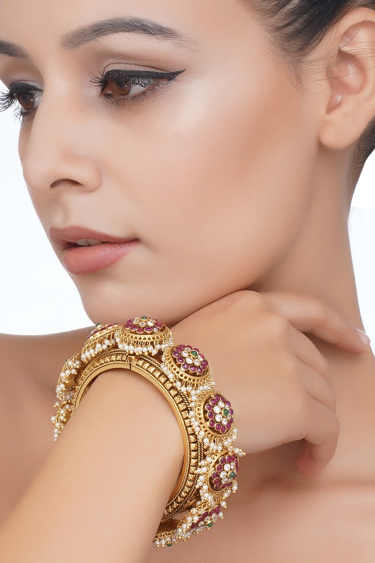 Gold Plated Red & Green Stone Bangles (Set Of 2)