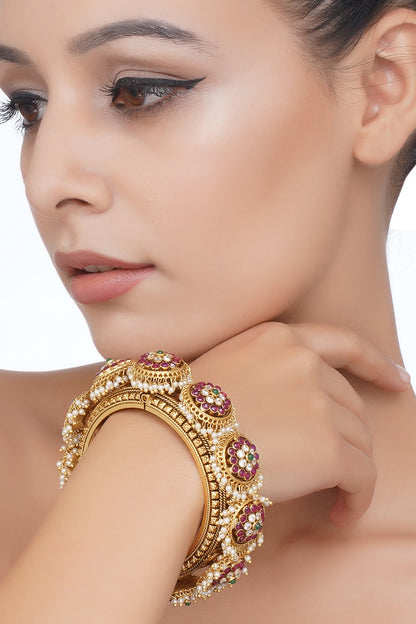 Gold Plated Red & Green Stone Bangles (Set Of 2)