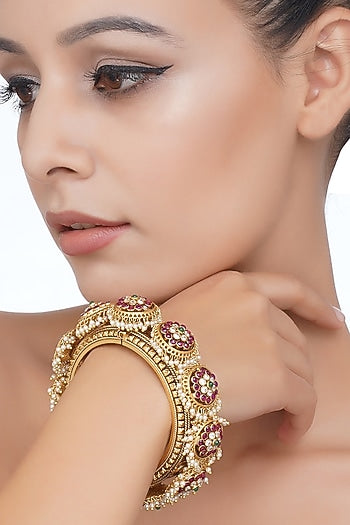 Gold Plated Red & Green Stone Bangles (Set Of 2)