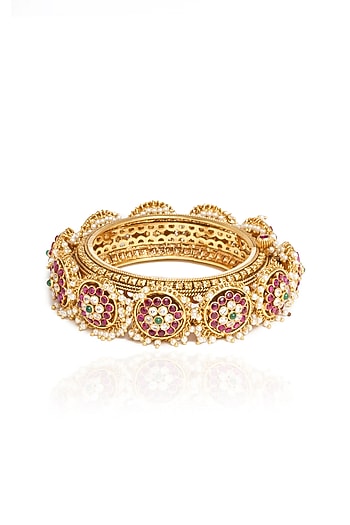 Gold Plated Red & Green Stone Bangles (Set Of 2)