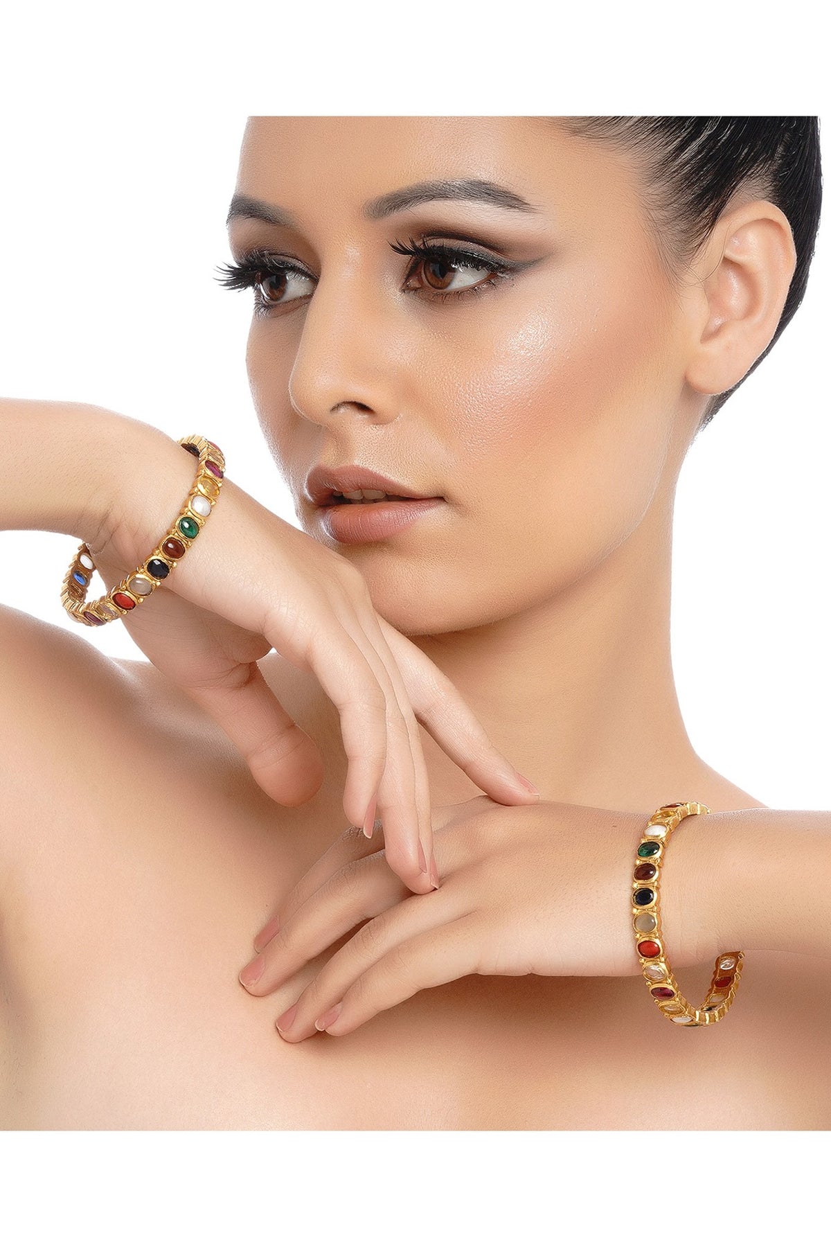 Gold Plated Navratna Stone Bangles (Set Of 2)