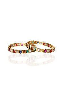 Gold Plated Navratna Stone Bangles (Set Of 2)