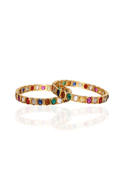 Gold Plated Navratna Stone Bangles (Set Of 2)