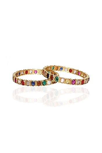 Gold Plated Navratna Stone Bangles (Set Of 2)