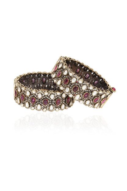 Gold Plated Red & White Stone Bangles (Set Of 2)
