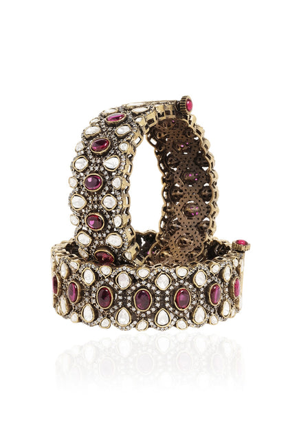 Gold Plated Red & White Stone Bangles (Set Of 2)