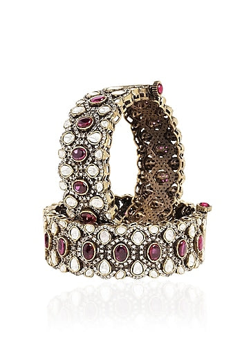 Gold Plated Red & White Stone Bangles (Set Of 2)