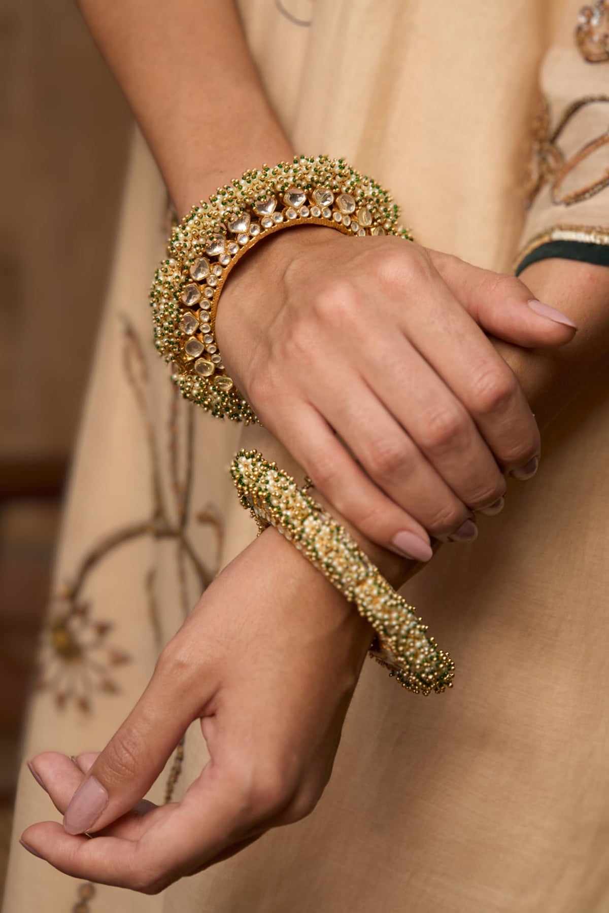 Gold Plated White & Green Stone Bangles (Set Of 2)