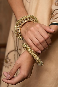 Gold Plated White & Green Stone Bangles (Set Of 2)