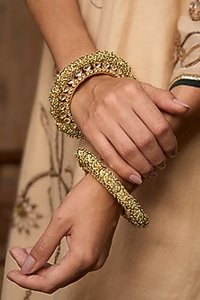 Gold Plated White & Green Stone Bangles (Set Of 2)