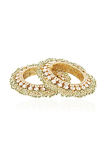 Gold Plated White & Green Stone Bangles (Set Of 2)