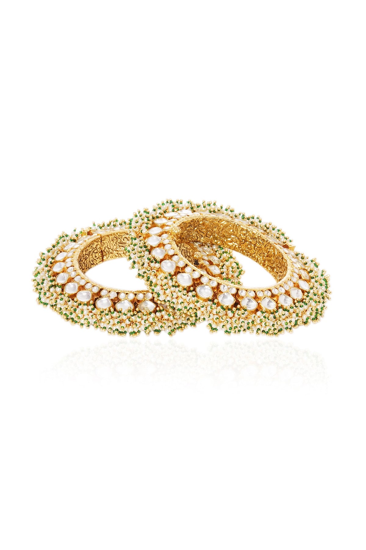 Gold Plated White & Green Stone Bangles (Set Of 2)
