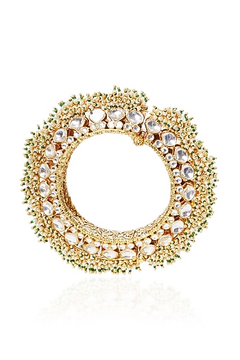 Gold Plated White & Green Stone Bangles (Set Of 2)