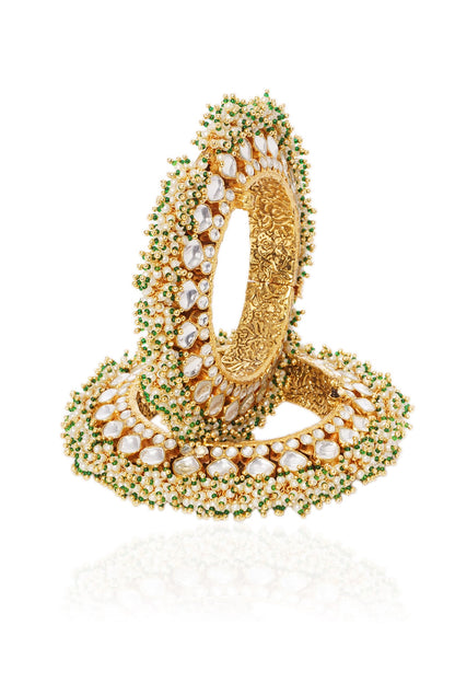 Gold Plated White & Green Stone Bangles (Set Of 2)