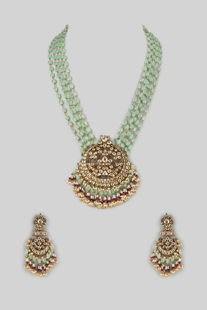 Gold Finish Mint Kundan Polki Long Pendant Necklace Set
