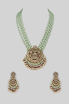 Gold Finish Mint Kundan Polki Long Pendant Necklace Set