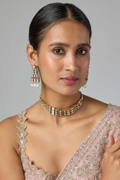 Gold Finish Kundan Polki Choker Necklace Set