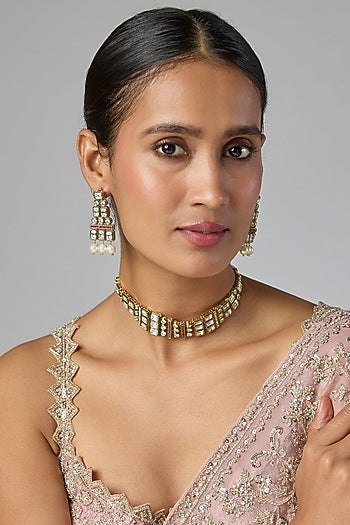 Gold Finish Kundan Polki Choker Necklace Set
