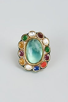 Gold Finish Navratna Kundan Polki Ring