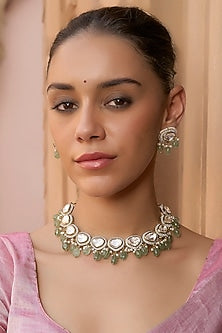 Gold Plated Green Onyx & Pearl Choker Necklace Set