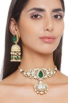 Gold Plated Green Onyx Choker Necklace Set