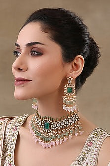 Gold Plated Green Onyx & Rose Quartz Necklace Set