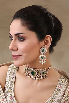 Gold Plated Green Onyx Choker Necklace Set