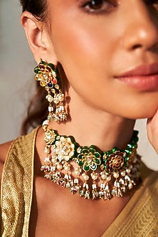 Gold Plated Green Onyx & Pearl Choker Necklace Set