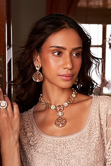 Gold Plated Red Onyx Long Necklace Set