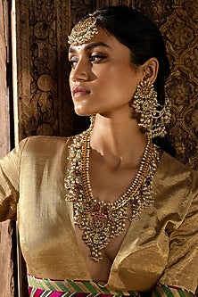 Gold Plated Green Onyx & Pearl Long Necklace Set